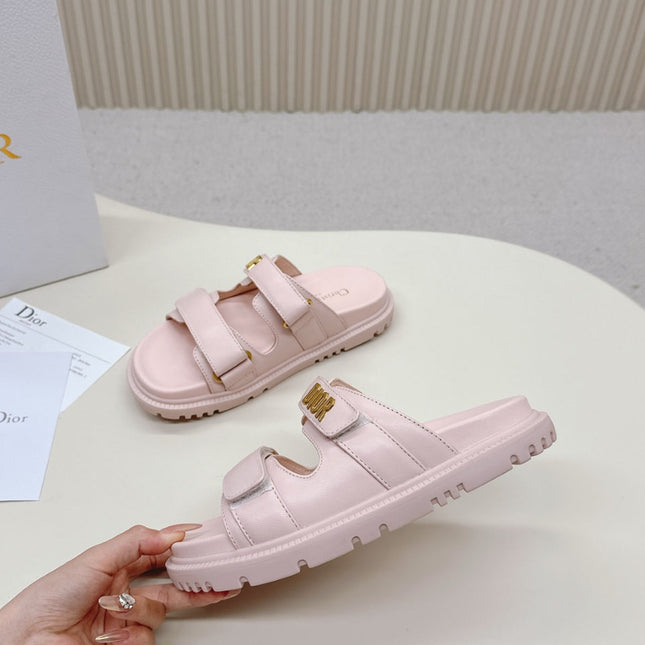 DIOR CLASSIC DOUBLE-STRAP SLIDES 25S IN PASTEL PINK CALFSKIN WITH GOLD HARDWARE
