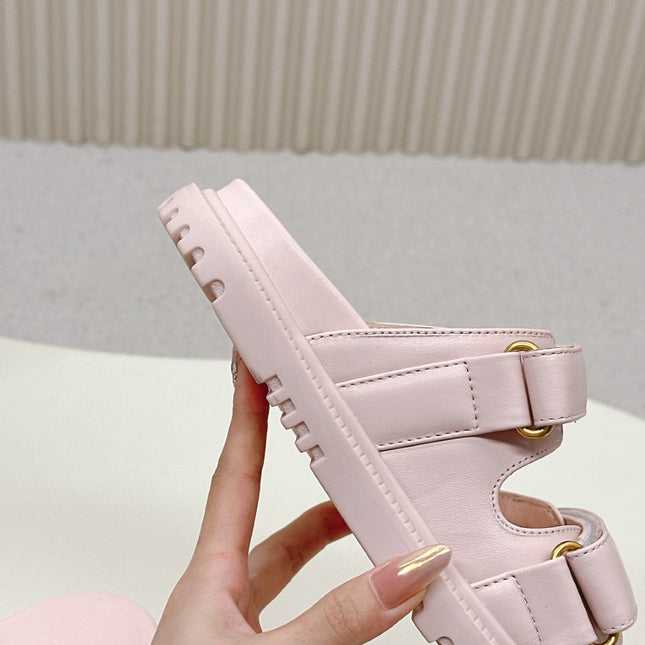 DIOR CLASSIC DOUBLE-STRAP SLIDES 25S IN PASTEL PINK CALFSKIN WITH GOLD HARDWARE