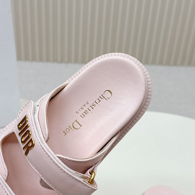DIOR CLASSIC DOUBLE-STRAP SLIDES 25S IN PASTEL PINK CALFSKIN WITH GOLD HARDWARE