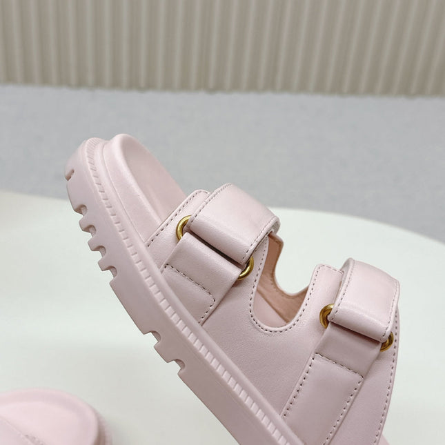 DIOR CLASSIC DOUBLE-STRAP SLIDES 25S IN PASTEL PINK CALFSKIN WITH GOLD HARDWARE