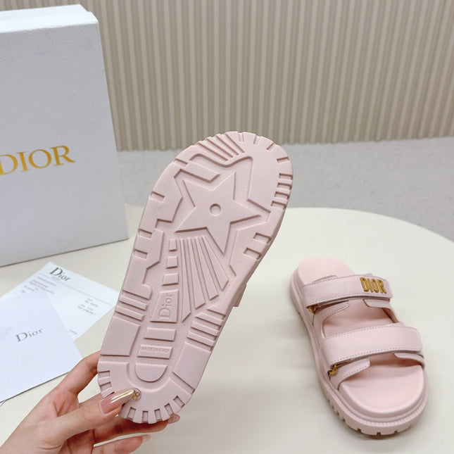 DIOR CLASSIC DOUBLE-STRAP SLIDES 25S IN PASTEL PINK CALFSKIN WITH GOLD HARDWARE