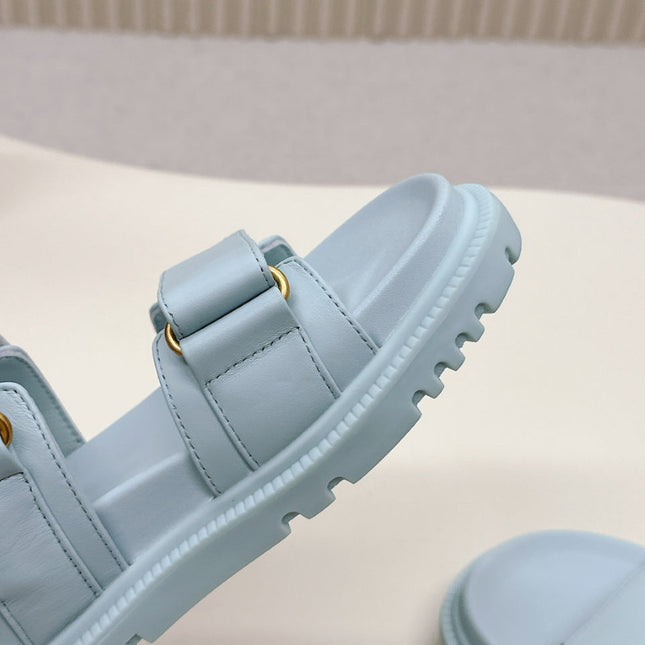DIOR BACK-STRAP SANDALS 25S IN PASTEL BLUE CALFSKIN WITH GOLD HARDWARE