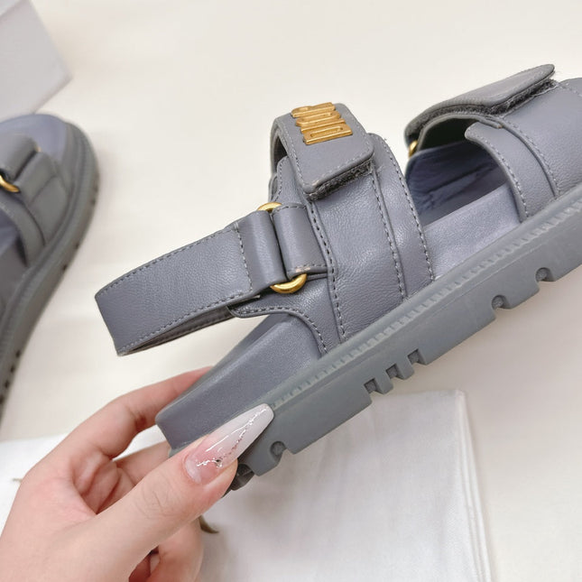 DIOR BACK-STRAP SANDALS 25S IN ASH GRAY CALFSKIN WITH GOLD HARDWARE