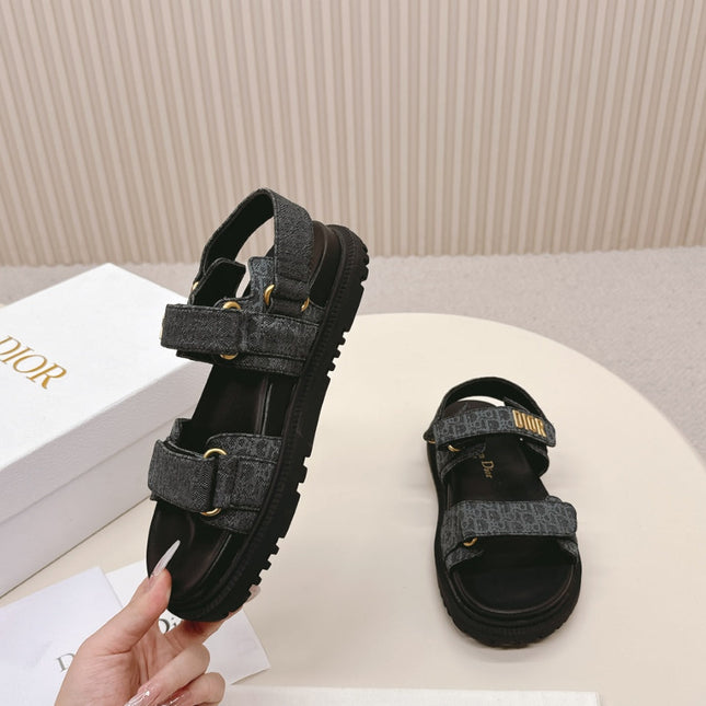 DIOR BACK-STRAP SANDALS 25S IN SLATE BLUE GRAY FABRIC AND BLACK CALFSKIN WITH GOLD HARDWARE