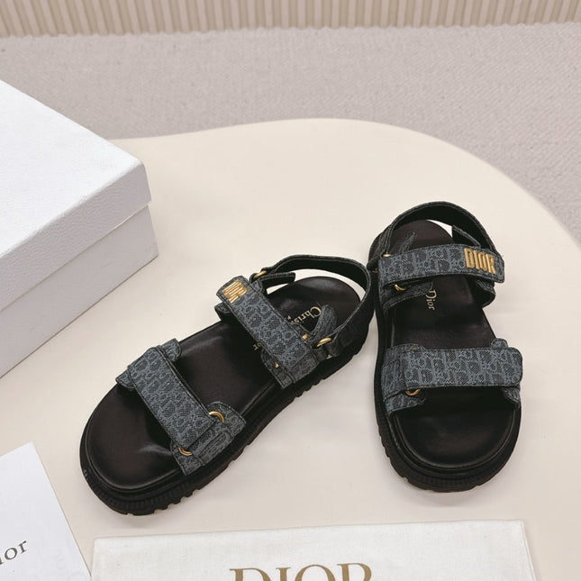 DIOR BACK-STRAP SANDALS 25S IN SLATE BLUE GRAY FABRIC AND BLACK CALFSKIN WITH GOLD HARDWARE