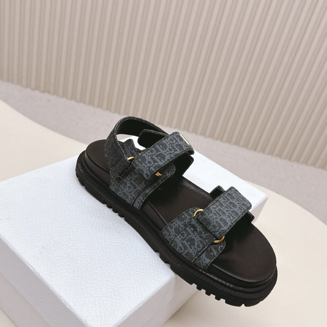 DIOR BACK-STRAP SANDALS 25S IN SLATE BLUE GRAY FABRIC AND BLACK CALFSKIN WITH GOLD HARDWARE