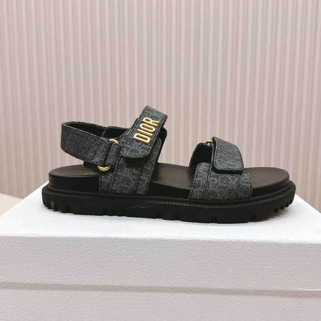 DIOR BACK-STRAP SANDALS 25S IN SLATE BLUE GRAY FABRIC AND BLACK CALFSKIN WITH GOLD HARDWARE