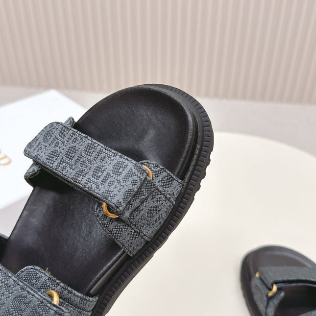 DIOR BACK-STRAP SANDALS 25S IN SLATE BLUE GRAY FABRIC AND BLACK CALFSKIN WITH GOLD HARDWARE