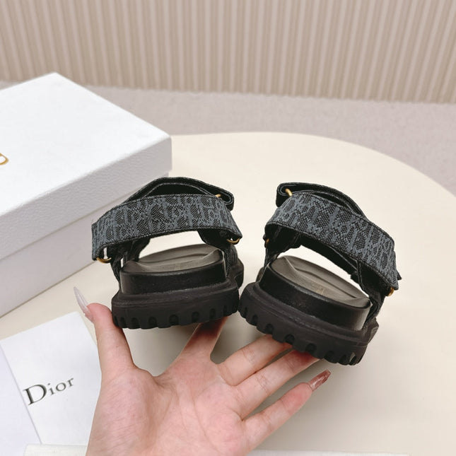 DIOR BACK-STRAP SANDALS 25S IN SLATE BLUE GRAY FABRIC AND BLACK CALFSKIN WITH GOLD HARDWARE
