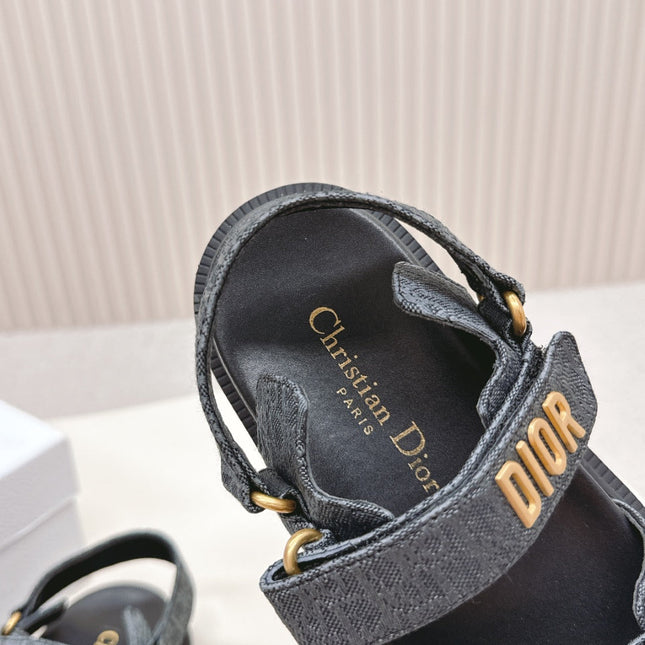 DIOR BACK-STRAP SANDALS 25S IN SLATE BLUE GRAY FABRIC AND BLACK CALFSKIN WITH GOLD HARDWARE