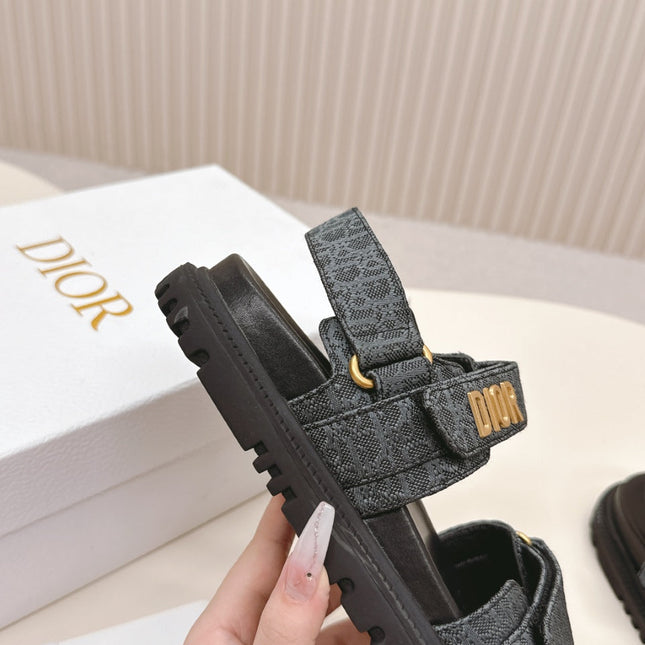 DIOR BACK-STRAP SANDALS 25S IN SLATE BLUE GRAY FABRIC AND BLACK CALFSKIN WITH GOLD HARDWARE