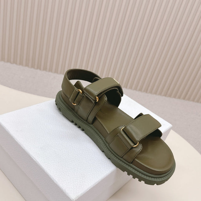 DIOR BACK-STRAP SANDALS 25S IN MOSS GREEN CALFSKIN WITH GOLD HARDWARE
