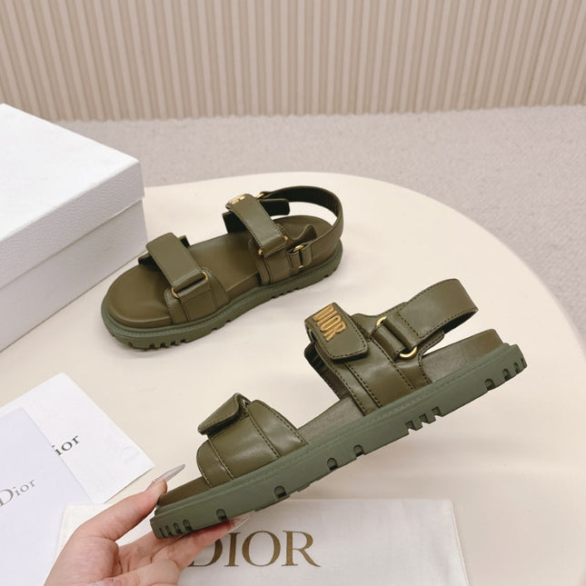 DIOR BACK-STRAP SANDALS 25S IN MOSS GREEN CALFSKIN WITH GOLD HARDWARE