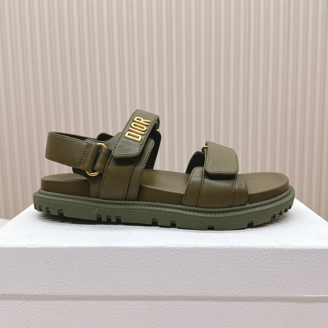DIOR BACK-STRAP SANDALS 25S IN MOSS GREEN CALFSKIN WITH GOLD HARDWARE