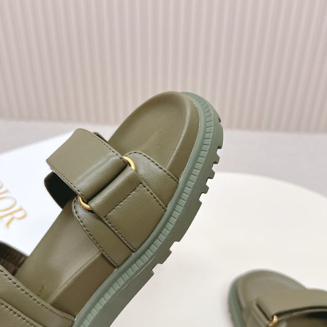 DIOR BACK-STRAP SANDALS 25S IN MOSS GREEN CALFSKIN WITH GOLD HARDWARE