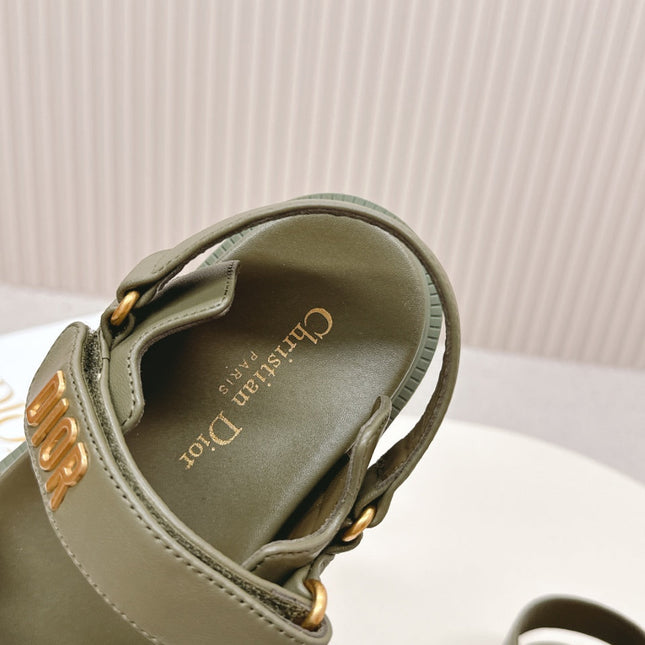 DIOR BACK-STRAP SANDALS 25S IN MOSS GREEN CALFSKIN WITH GOLD HARDWARE