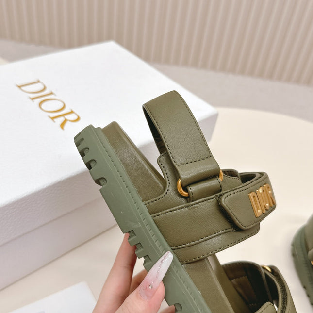 DIOR BACK-STRAP SANDALS 25S IN MOSS GREEN CALFSKIN WITH GOLD HARDWARE