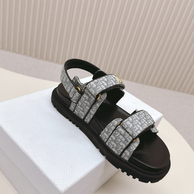 DIOR BACK-STRAP SANDALS 25S IN GREY FABRIC AND BLACK CALFSKIN WITH GOLD HARDWARE