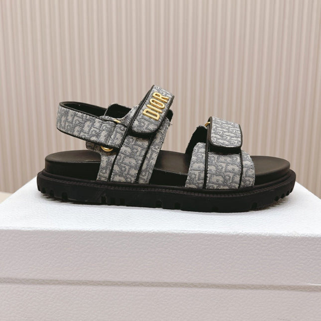 DIOR BACK-STRAP SANDALS 25S IN GREY FABRIC AND BLACK CALFSKIN WITH GOLD HARDWARE