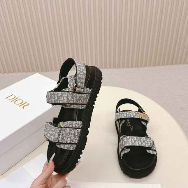 DIOR BACK-STRAP SANDALS 25S IN GREY FABRIC AND BLACK CALFSKIN WITH GOLD HARDWARE