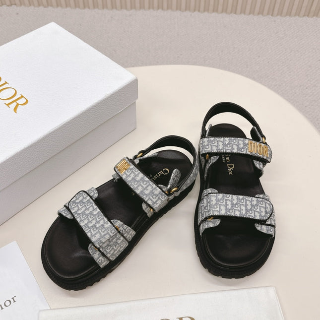 DIOR BACK-STRAP SANDALS 25S IN GREY FABRIC AND BLACK CALFSKIN WITH GOLD HARDWARE