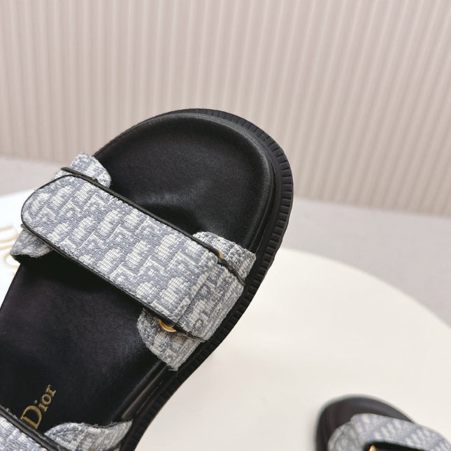 DIOR BACK-STRAP SANDALS 25S IN GREY FABRIC AND BLACK CALFSKIN WITH GOLD HARDWARE