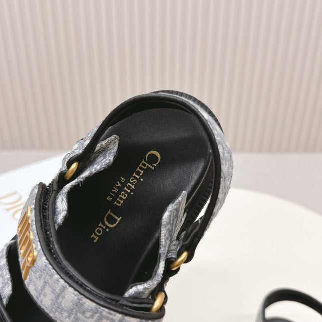 DIOR BACK-STRAP SANDALS 25S IN GREY FABRIC AND BLACK CALFSKIN WITH GOLD HARDWARE