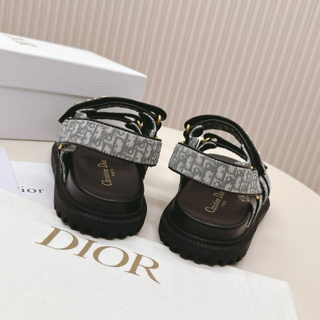 DIOR BACK-STRAP SANDALS 25S IN GREY FABRIC AND BLACK CALFSKIN WITH GOLD HARDWARE