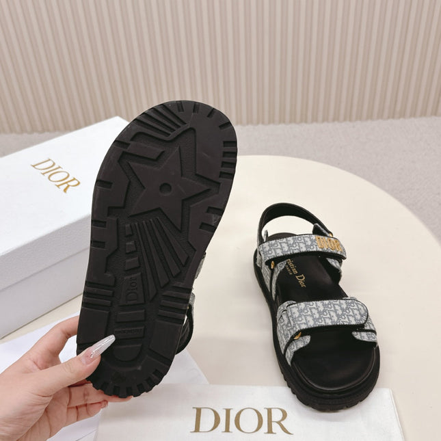 DIOR BACK-STRAP SANDALS 25S IN GREY FABRIC AND BLACK CALFSKIN WITH GOLD HARDWARE