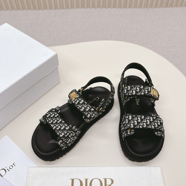 DIOR BACK-STRAP SANDALS 25S IN BLACK FABRIC AND CALFSKIN WITH GOLD HARDWARE