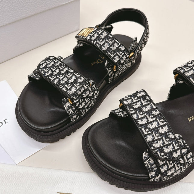 DIOR BACK-STRAP SANDALS 25S IN BLACK FABRIC AND CALFSKIN WITH GOLD HARDWARE