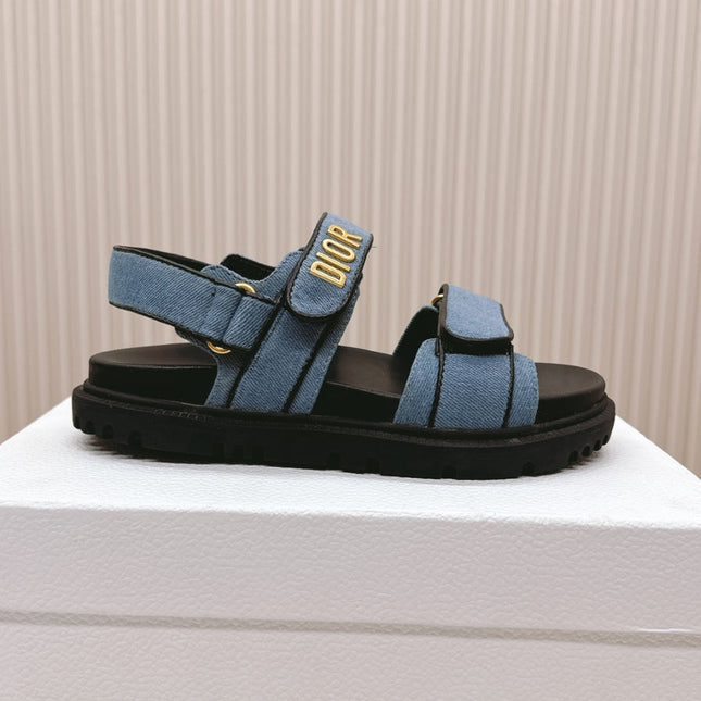 DIOR BACK-STRAP SANDALS 25S IN BLUE DENIM AND BLACK CALFSKIN WITH GOLD HARDWARE