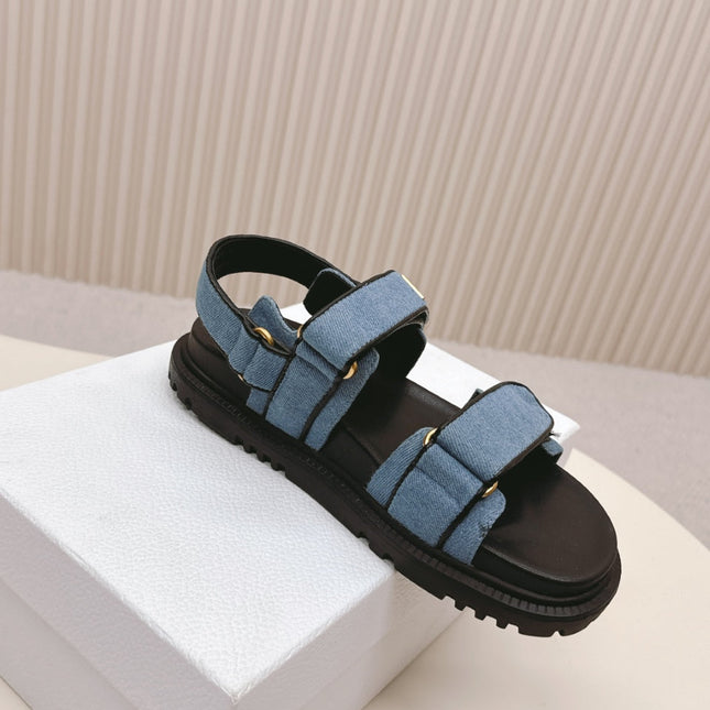 DIOR BACK-STRAP SANDALS 25S IN BLUE DENIM AND BLACK CALFSKIN WITH GOLD HARDWARE