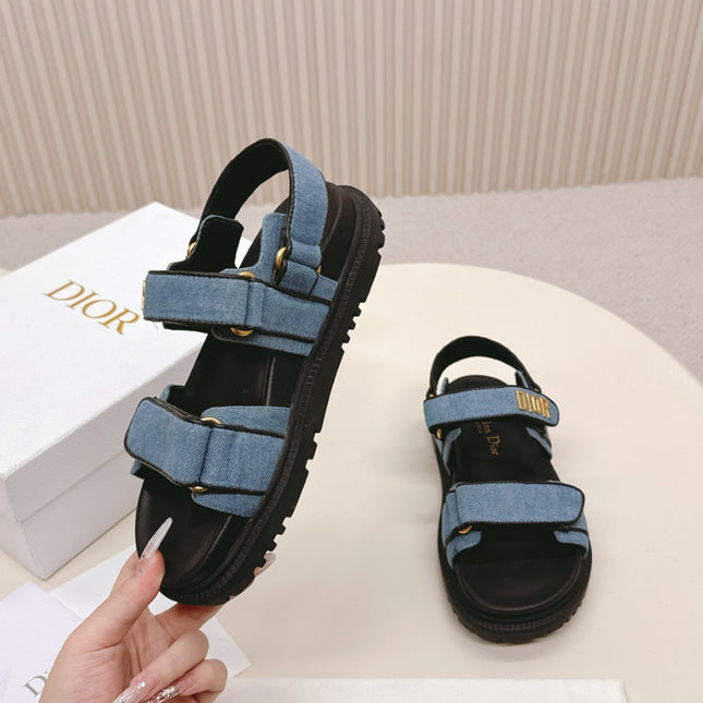 DIOR BACK-STRAP SANDALS 25S IN BLUE DENIM AND BLACK CALFSKIN WITH GOLD HARDWARE