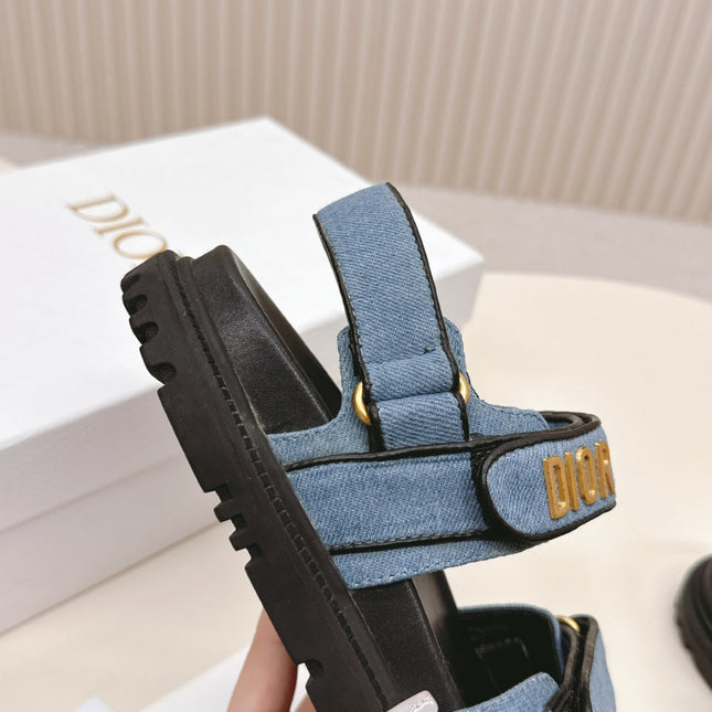 DIOR BACK-STRAP SANDALS 25S IN BLUE DENIM AND BLACK CALFSKIN WITH GOLD HARDWARE