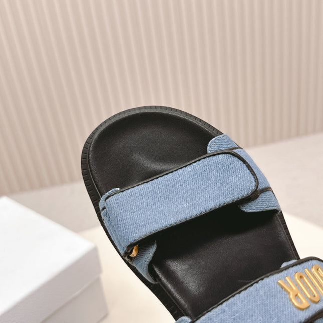 DIOR BACK-STRAP SANDALS 25S IN BLUE DENIM AND BLACK CALFSKIN WITH GOLD HARDWARE