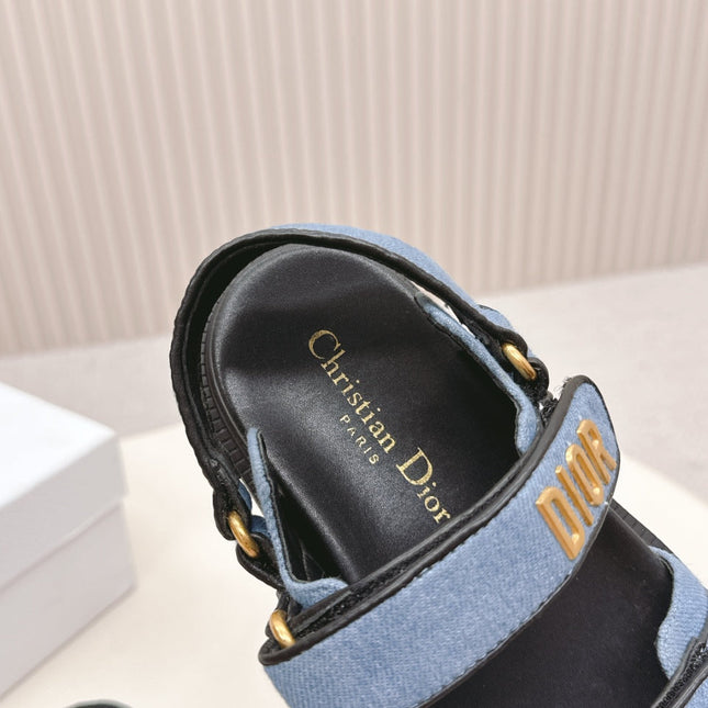DIOR BACK-STRAP SANDALS 25S IN BLUE DENIM AND BLACK CALFSKIN WITH GOLD HARDWARE