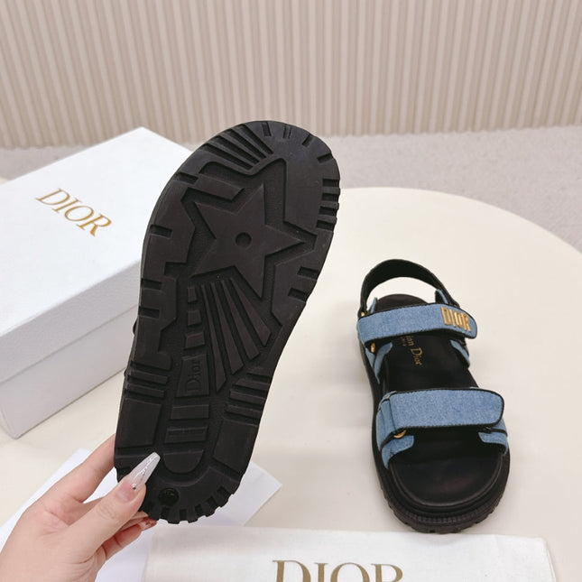 DIOR BACK-STRAP SANDALS 25S IN BLUE DENIM AND BLACK CALFSKIN WITH GOLD HARDWARE