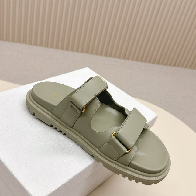 DIOR CLASSIC DOUBLE-STRAP SLIDES 25S IN LIGHT MOSS GREEN CALFSKIN