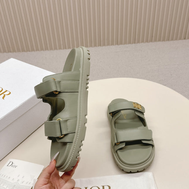 DIOR CLASSIC DOUBLE-STRAP SLIDES 25S IN LIGHT MOSS GREEN CALFSKIN