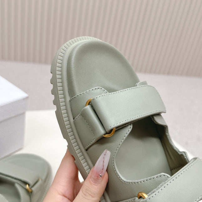 DIOR CLASSIC DOUBLE-STRAP SLIDES 25S IN LIGHT MOSS GREEN CALFSKIN