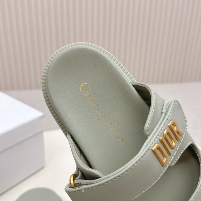DIOR CLASSIC DOUBLE-STRAP SLIDES 25S IN LIGHT MOSS GREEN CALFSKIN