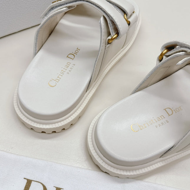 DIOR CLASSIC DOUBLE-STRAP SLIDES 25S IN CREAM WHITE CALFSKIN