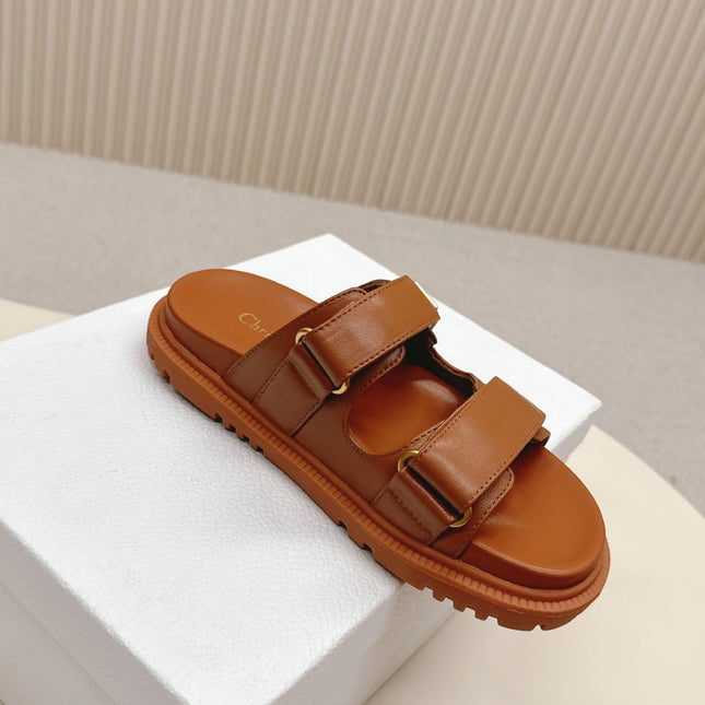DIOR CLASSIC DOUBLE-STRAP SLIDES 25S IN BROWN CALFSKIN