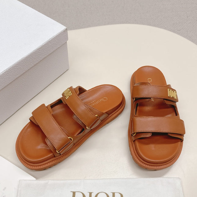 DIOR CLASSIC DOUBLE-STRAP SLIDES 25S IN BROWN CALFSKIN