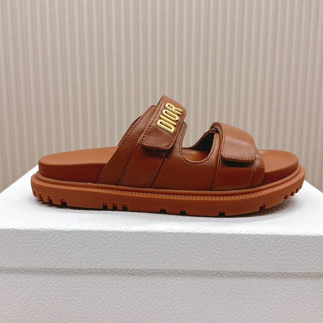 DIOR CLASSIC DOUBLE-STRAP SLIDES 25S IN BROWN CALFSKIN