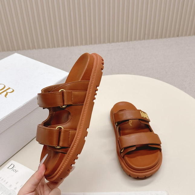 DIOR CLASSIC DOUBLE-STRAP SLIDES 25S IN BROWN CALFSKIN