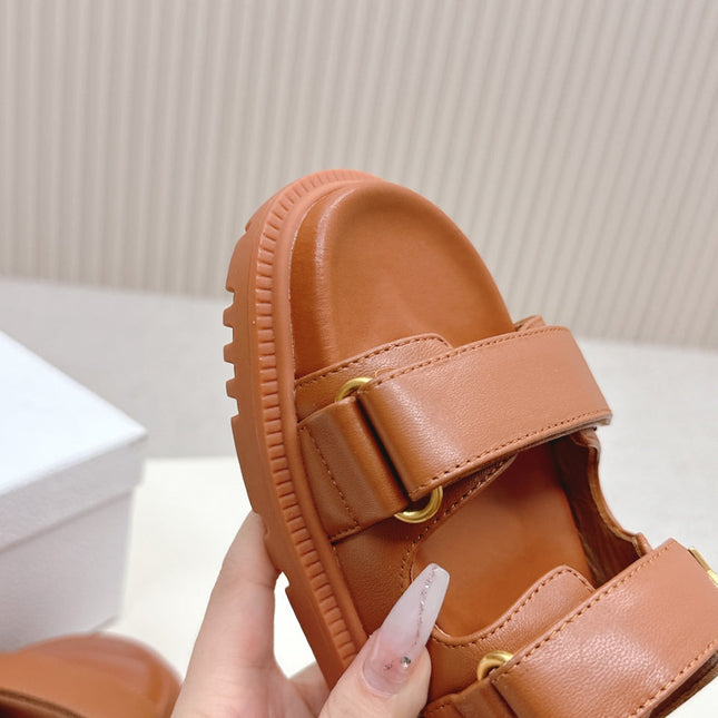 DIOR CLASSIC DOUBLE-STRAP SLIDES 25S IN BROWN CALFSKIN