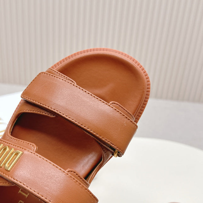 DIOR CLASSIC DOUBLE-STRAP SLIDES 25S IN BROWN CALFSKIN