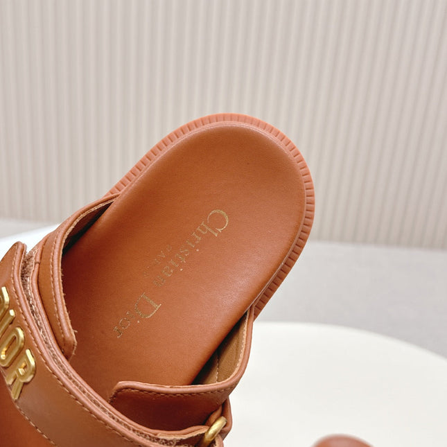 DIOR CLASSIC DOUBLE-STRAP SLIDES 25S IN BROWN CALFSKIN